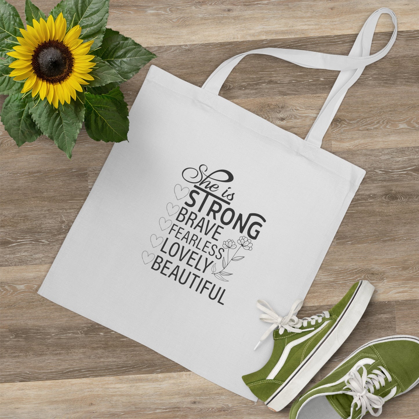 Personalizable Empowering Tote Bag  front and back design- 'She is Strong, Brave, Fearless, Lovely, Beautiful', Inspirational Gift for Women, Everyday Use, Shopping Bag, [...]
