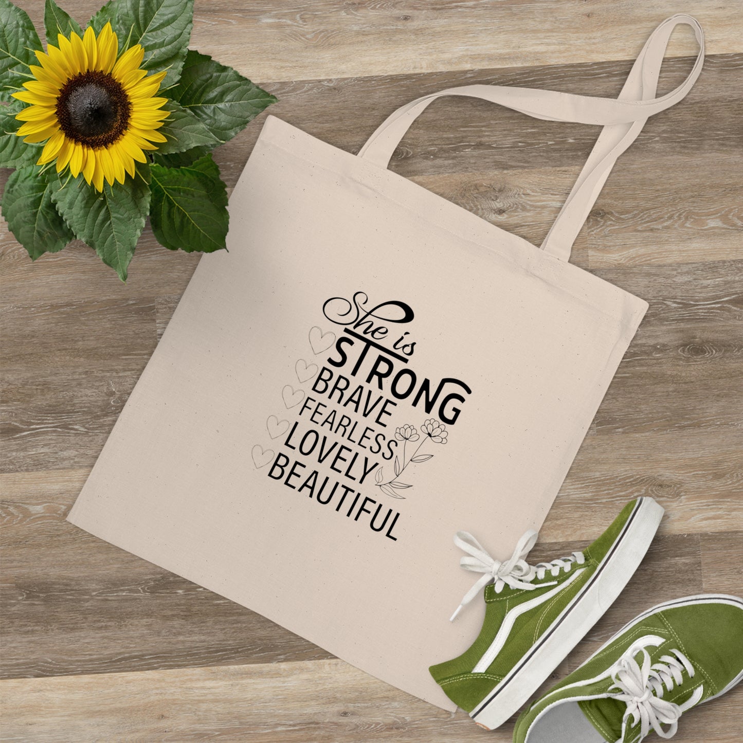 Personalizable Empowering Tote Bag  front and back design- 'She is Strong, Brave, Fearless, Lovely, Beautiful', Inspirational Gift for Women, Everyday Use, Shopping Bag, [...]